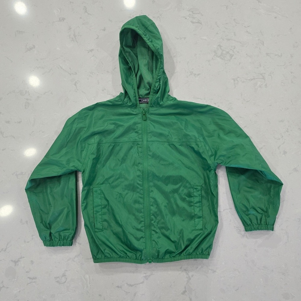 Lands End Kids Green Hooded Windbreaker Jacket Mesh Lined Size M 5-6